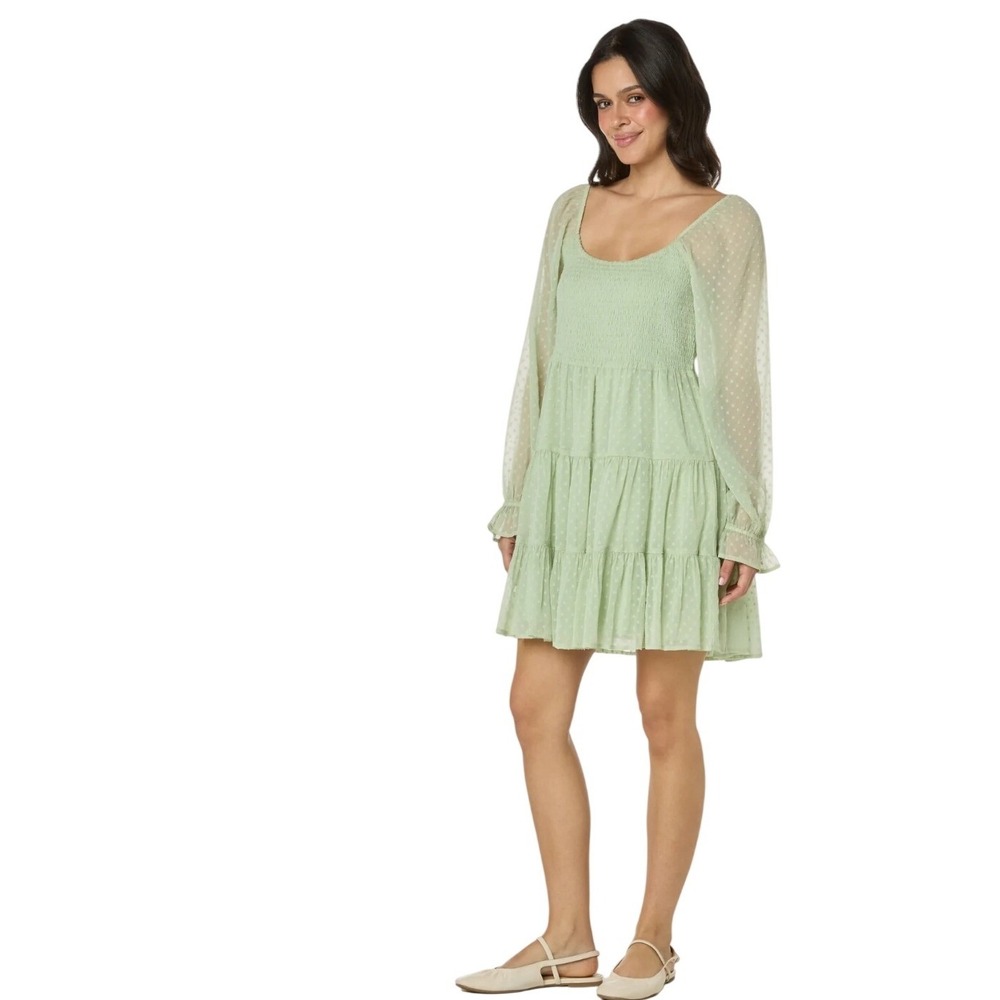 Patrons of Peace Sage Green Swiss Dot Smocked‎ Tiered Mini Dress L Long Sleeve